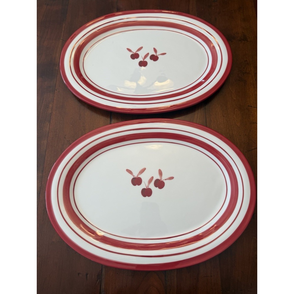 Set of 2 Dansk Bing Cherry Oval Serving Platters 16" Red White Stripe Stoneware